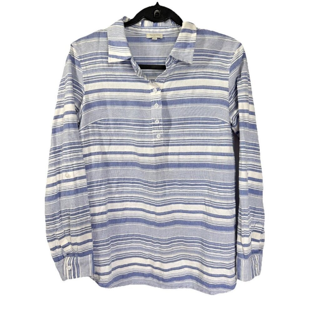 Talbots Roll Tab Sleeve Top Womens Small Blue White Stripe Collared Cotton EUC